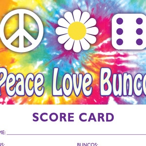 Printable 60s theme Bunco Scorecard and Table Marker Set Peace, Love and Bunco a.k.a. Bunko, score card, score sheet image 3