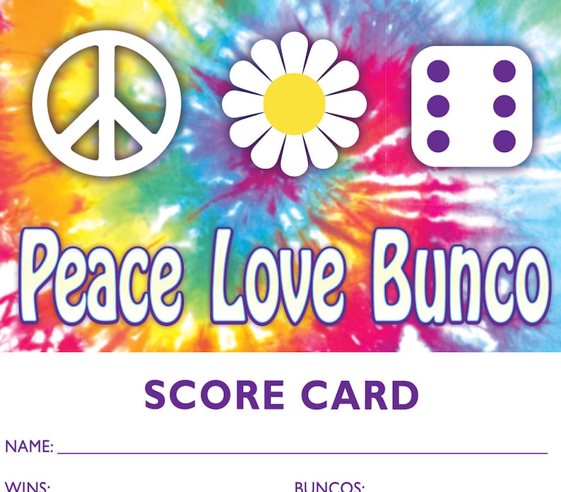 Printable 60s theme Bunco Scorecard and Table Marker Set Peace, Love and Bunco a.k.a. Bunko, score card, score sheet image 3