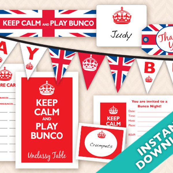 Instant Download Printable Bunco Party Decoration Set - British Theme (a.k.a. Bunko, score card, score sheet)