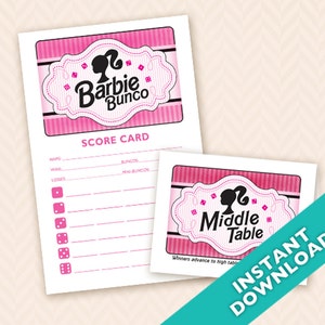 Hot Pink Doll Bunco Theme Scorecard and Table Marker Set
