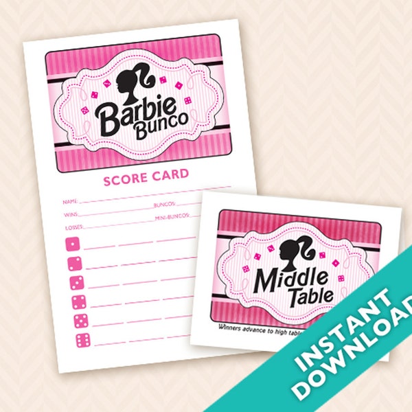 Hot Pink Doll Bunco Theme Scorecard and Table Marker Set