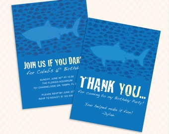 Shark Birthday Party Invitation and Thank You Card Design