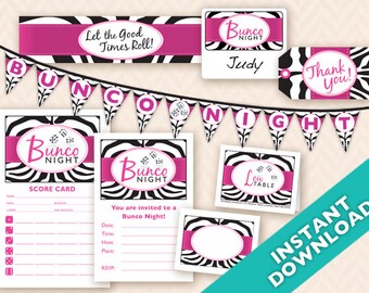Op de afbeelding: Printbare feestversiering voor een Bunco-avond. De set bevat een banner, scorekaarten, plaatskaarten en een bedankkaart. Het ontwerp heeft een zwart-witte zebraprint met roze accenten.