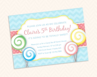 Lollipop Candy Bar Birthday Party Invitation Design - DIY Printable children's birthday party design