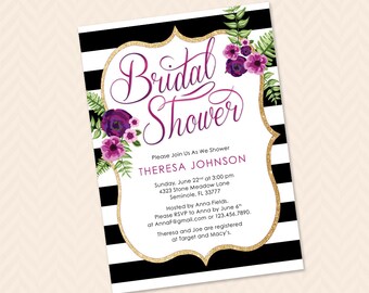 Printable Striped Floral & Gold Glitter Bridal Shower Invitation