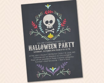 Chalkboard Skull Halloween Party Invitation - DIY Printable - Trick or Treat!