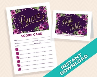 Purple and Gold Floral Bunco Theme Scorecard and Table Marker Set