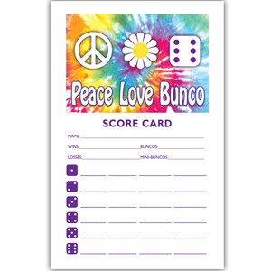 Printable 60s theme Bunco Scorecard and Table Marker Set Peace, Love and Bunco a.k.a. Bunko, score card, score sheet image 2