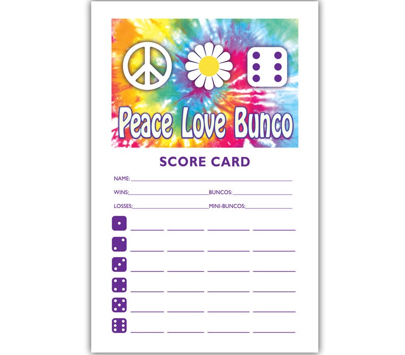 Printable 60s theme Bunco Scorecard and Table Marker Set Peace, Love and Bunco a.k.a. Bunko, score card, score sheet image 2