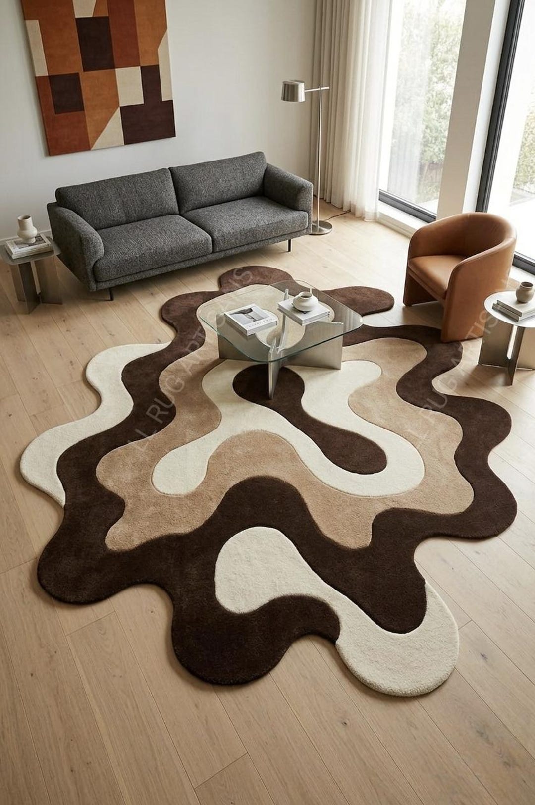 Abstract Hand Tufted Wool Rug, Modern Organic Shape Living Room Carpet ...