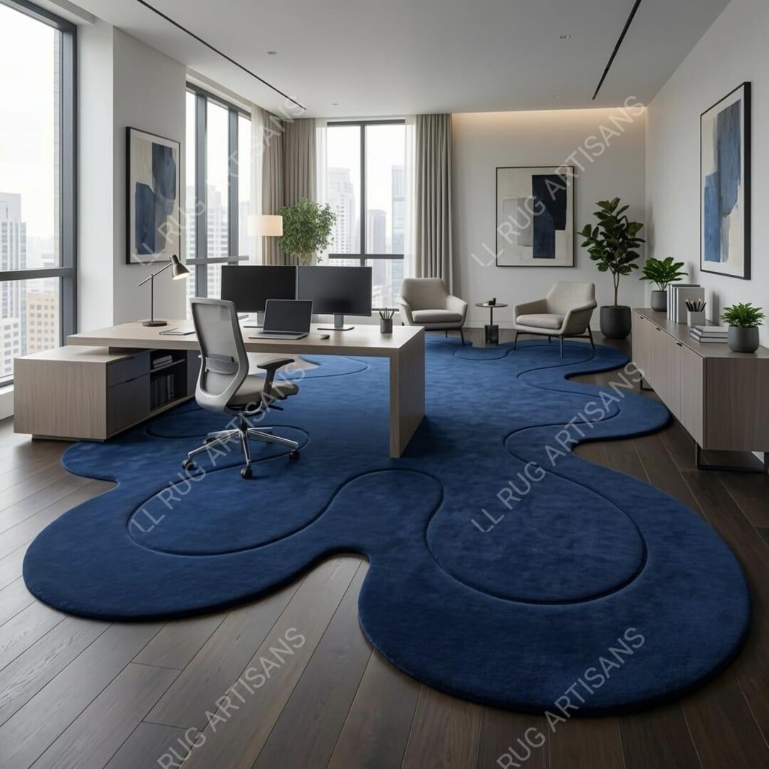 Abstract Blue Hand Tufted Wool Rug, Organic Shape Living Room Carpet - Etsy