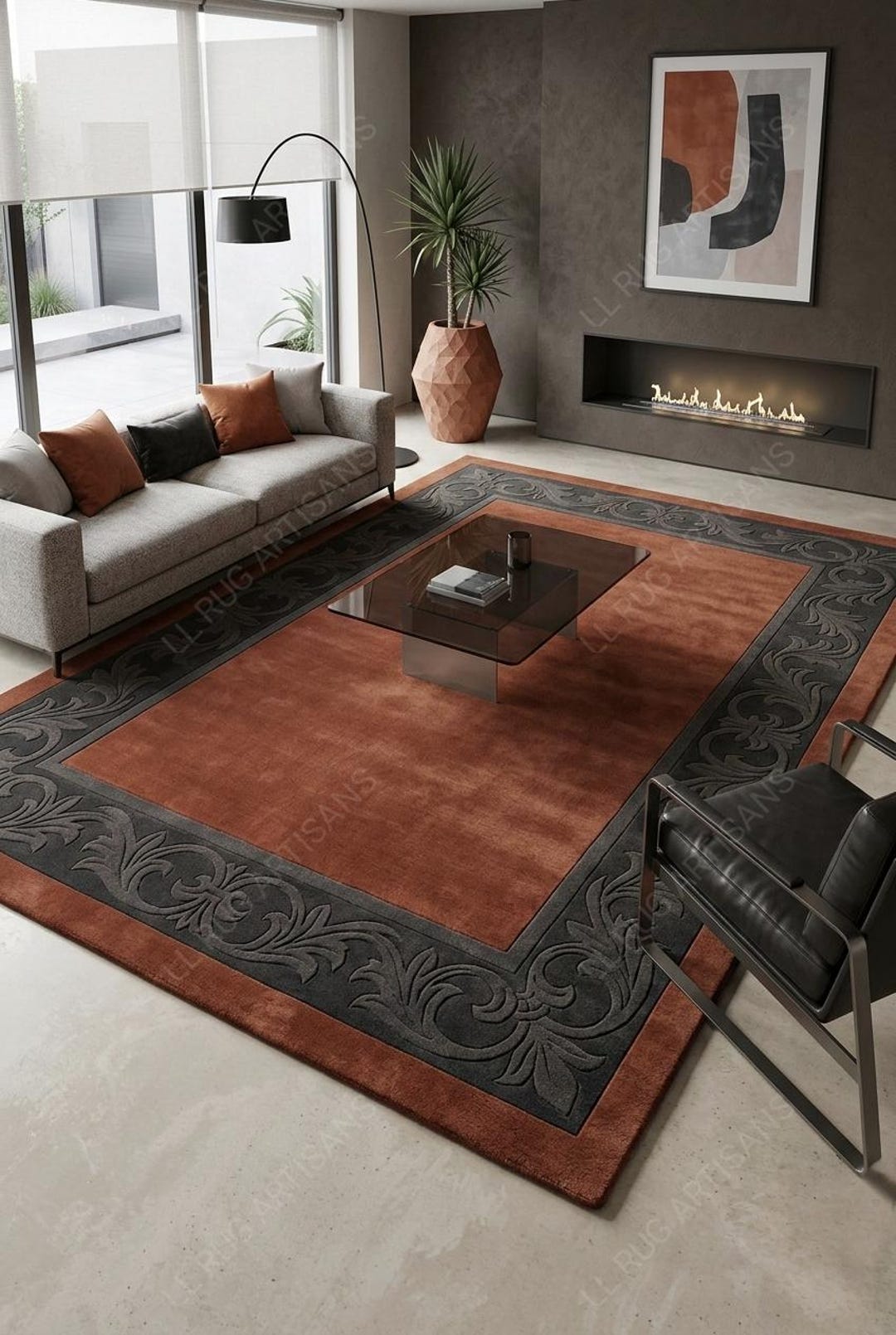 Hand-tufted Wool Rug, Rust Grey Floral Area Carpet, Modern Classic ...