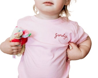 Custom Embroidered Shirts for Toddlers, Babies and Kids. High Quality Personalized T Shirts with Cursive Embroidery. Personalized Baby Gift