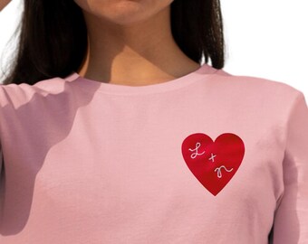 Women's Embroidered Heart Letter Word T-Shirt, Custom Embroidered Initials Heart Shirt, Personalized Kids Names Heart Shirt, Best Friend Tee