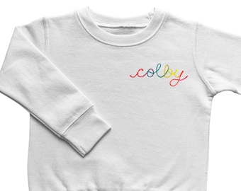 Personalized Name Sweatshirt Toddler. Kids Crewneck with Custom Name Embroidery. Childrens Sweatshirt with Rainbow Name