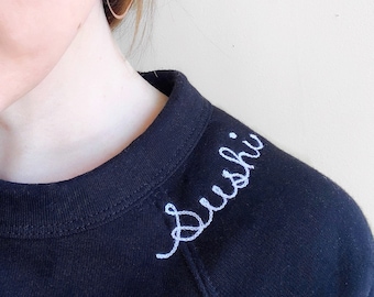 Personalized Neck Text. Custom Word Sweatshirt. Personalized Sweatshirt with Embroidery Name. Embroidered Name Sweatshirt. Collar Lettering