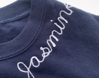 Toddler Embroidered Collar Sweatshirt. Chain Stitch Embroidery. Custom 2T Shirt Embroidery. Kids Chainstitch Sweatshirt. Toddler name shirt