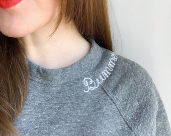 Adult Personalized Sweatshirt with Collar Lettering. Monogram Cursive Name Neckline. Personalized Gift. Custom Sweatshirt Embroidery