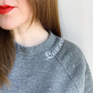 Adult Personalized Sweatshirt with Collar Lettering. Monogram Cursive Name Neckline. Personalized Gift. Custom Sweatshirt Embroidery