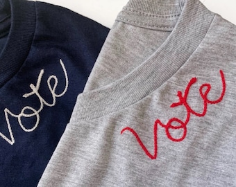 Vote Shirt Womens Embroidered Tee. Unisex Oversized Tshirt with Custom Embroidered Monogram