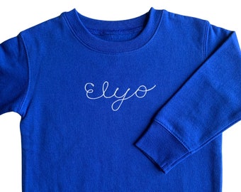 Personalized Embroidered Crewneck for Toddlers and Kids. Custom Sweatshirt with Chainstitch Embroidered Name