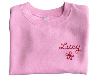 Custom Chainstitch Embroidery Toddler Crewneck Sweatshirt. Personalized Kids Sweatshirt with Vintage Embroidery Lettering. Collar Name Shirt