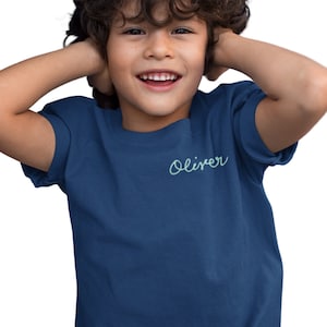 Cursive Embroider Kids Name Tshirt, Custom Embroidered Shirts, Personalized Boy Name Toddler Shirt, Name Embroidery for Kid Child Baby Shirt image 1