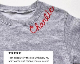 Kids Custom Name Shirt with Embroidered Collar Design. Toddler Personalized Crewneck Sweatshirt with Chainstitch