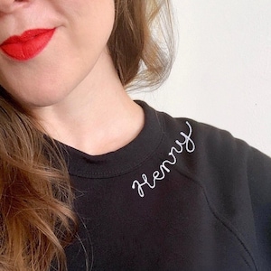 Adult Personalized Sweatshirt with Collar Lettering. Monogram Cursive Name Neckline. Personalized Gift. Custom Sweatshirt Embroidery