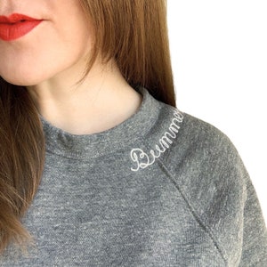 Adult Personalized Sweatshirt with Collar Lettering. City Name Shirt with Cursive Neckline. Personalized Gift. Custom Sweatshirt Embroidery image 5