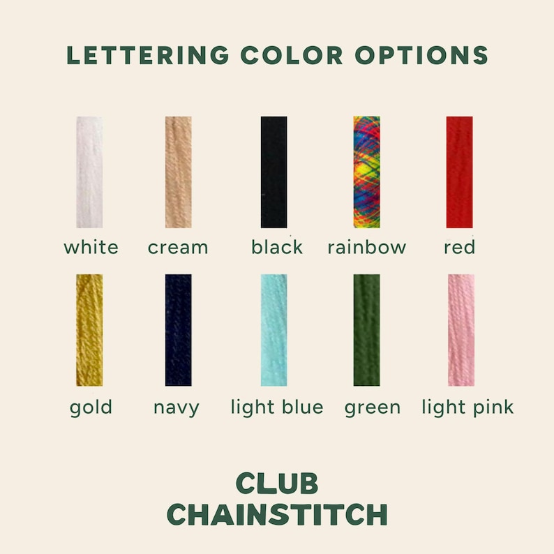 Puede incluir: Una carta de colores titulada LETTERING COLOR OPTIONS y CLUB CHAINSTITCH que muestra diez muestras de hilo verticales en blanco, crema, negro, arco&iacute;ris, rojo, oro, azul marino, azul claro, verde y rosa claro, cada una etiquetada con su nombre.