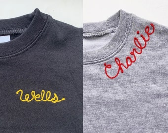 Custom Name Toddler Sweatshirt. Chain Stitch Embroidery. Personalized Gifts for Kids. Custom Crewneck Sweatshirt. Embroidered name.