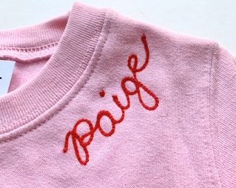 Custom Toddler Sweatshirt. 2T Shirt Embroidery. Name on Collar. Chainstitch Embroidery. Personalized Gifts. Kids Sweatshirt Embroidered name