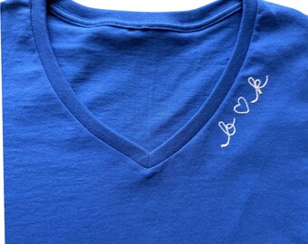 Personalized Chain Stitch Text V Neck T-Shirt With Embroidered Name, Custom Collar Embroidered T Shirt