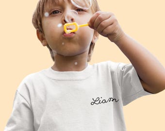 Custom Embroidered Shirts for Toddlers, Babies and Kids. High Quality Personalized T Shirts with Cursive Embroidery. Personalized Baby Gift