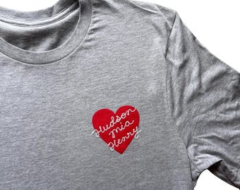 Custom Embroidered Heart T-Shirt with Kids Names, Custom Initials Tee, Personalized I Love Shirt with Chainstitch Embroidery