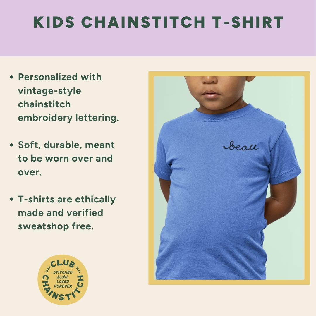 Kids Name T-shirt. Custom Chain Stitch Embroidery Shirt