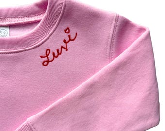 Toddler Neckline Collar Embroidered Sweatshirt, Kids Personalized Name Sweatshirt, Gift for Baby Girl, Chainstitch Embroidery Shirt for Kids