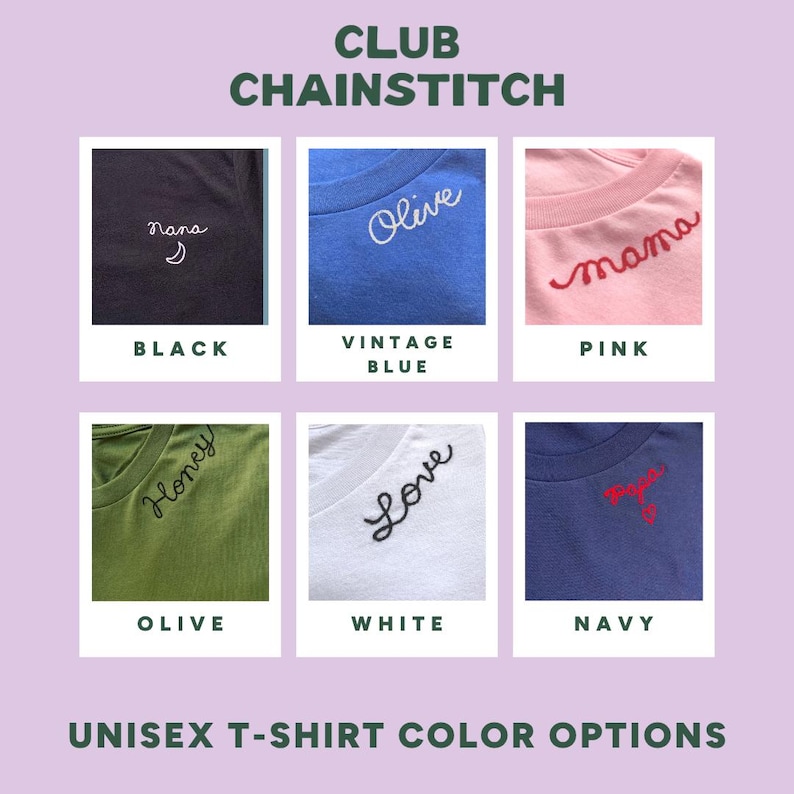 Puede incluir: Una colecci&oacute;n de seis camisetas con bordado de punto de cadeneta. Los colores incluyen negro con texto blanco, azul vintage con texto blanco, rosa con texto rojo, oliva con texto negro, blanco con texto negro y azul marino con texto rojo. El texto incluye Nana, Olive, mama, Honey, Love y Papa.