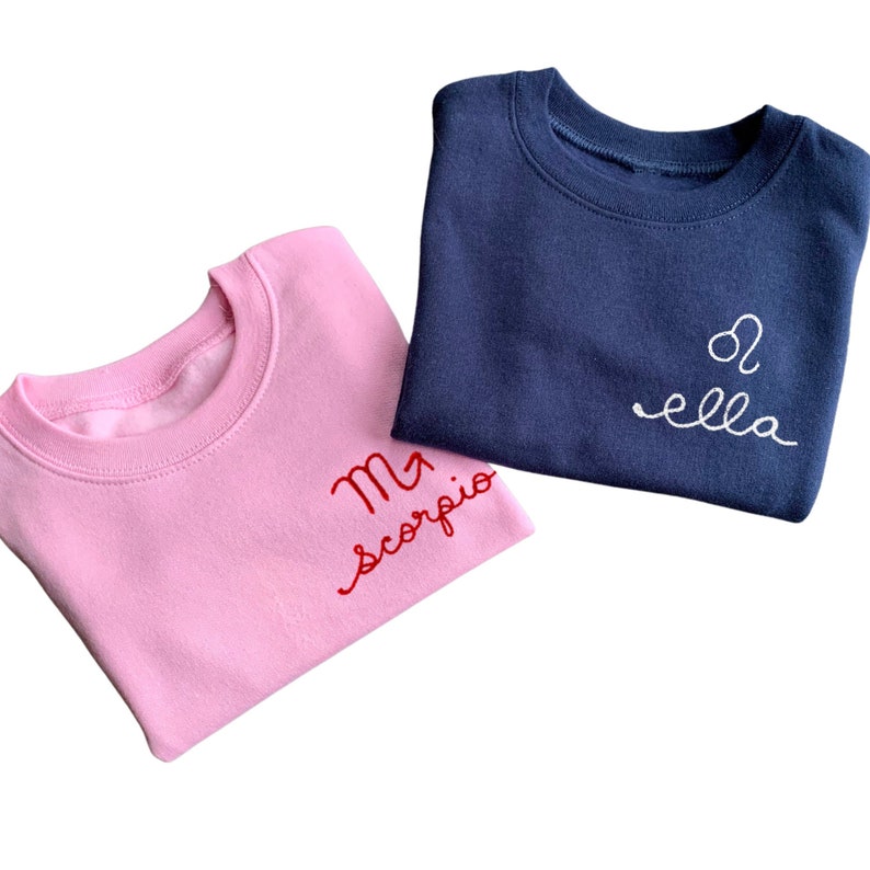 Custom Toddler Astrology Sweatshirt Leo Birthday Gift Toddler Embroidered Sweatshirt Scorpio Shirt Kids Chainstitch Sweatshirt Toddler Name zdjęcie 2