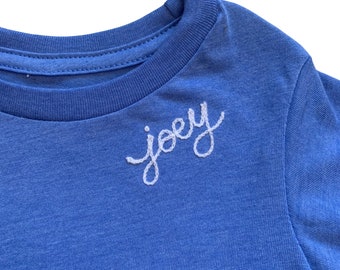 Youth Monogrammed Crew Neck T-Shirt. Girls Custom Embroidered Shirt with Personalized Cursive Name. Kids Sweatshirt Custom