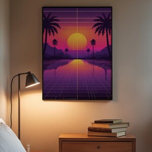 Poster coucher de soleil Vaporwave | Décoration murale palmiers néon image 1