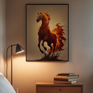 Arte de caballo de fuego / Póster de semental llameante / Decoración de pared de fantasía moderna imagen 3
