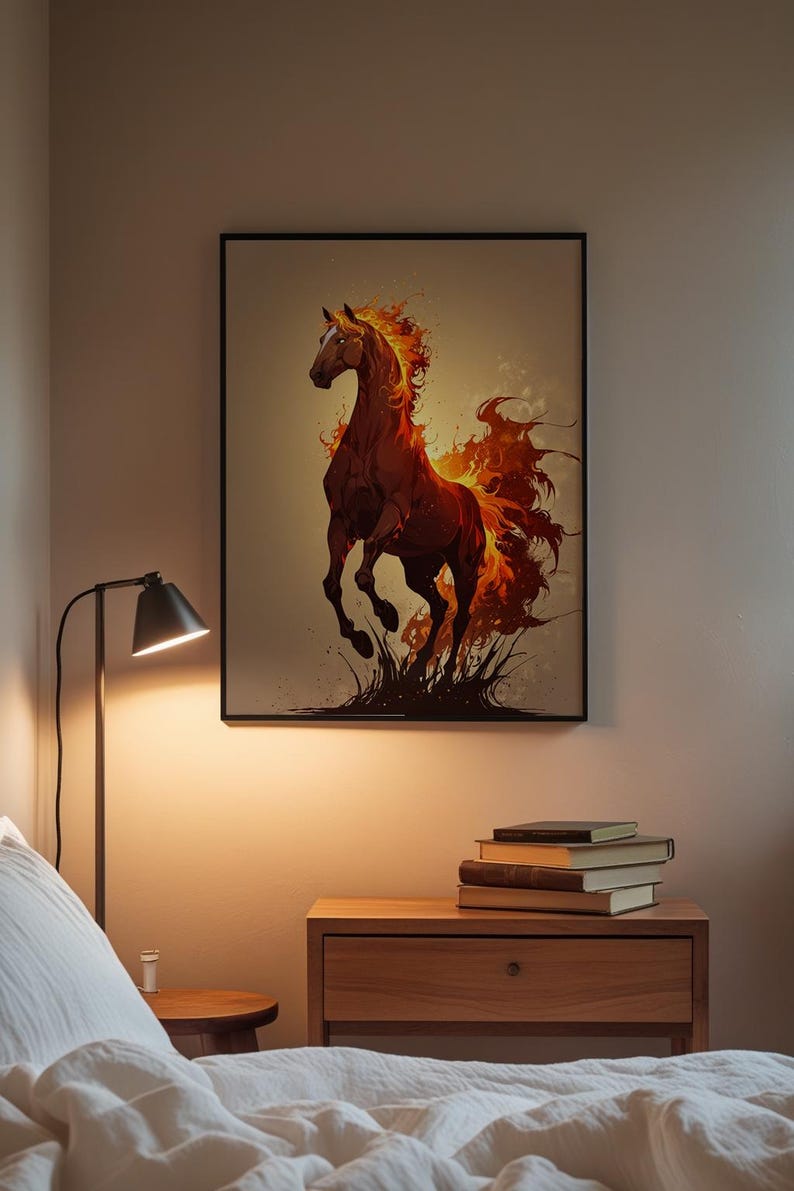 Arte de caballo de fuego / Póster de semental llameante / Decoración de pared de fantasía moderna imagen 3