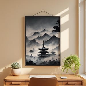 Misty Pagoda Temple | Japanese Ink Landscape | Zen Meditation Art image 1