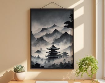 Misty Pagoda Temple | Japanese Ink Landscape | Zen Meditation Art