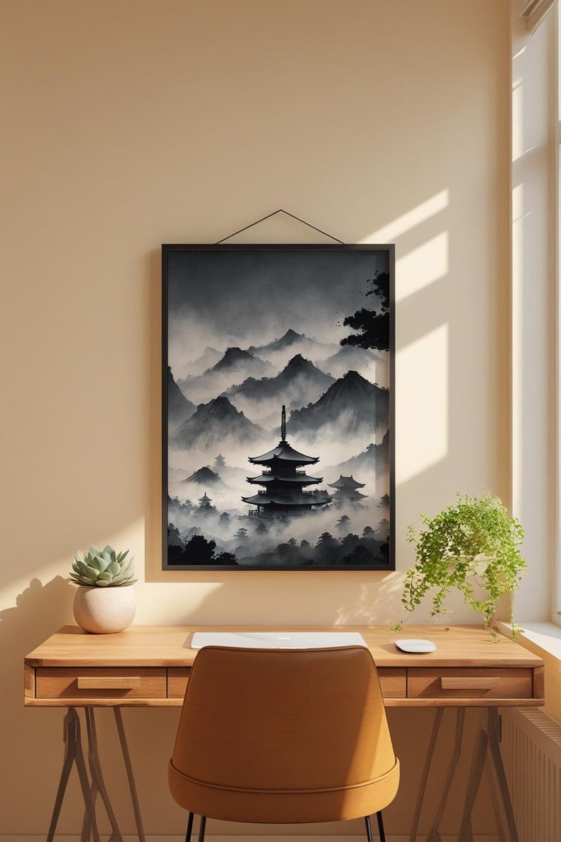 Misty Pagoda Temple | Japanese Ink Landscape | Zen Meditation Art image 1
