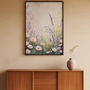 Prado de flores silvestres en tonos pastel / Póster botánico romántico / Arte de acuarela suave imagen 10