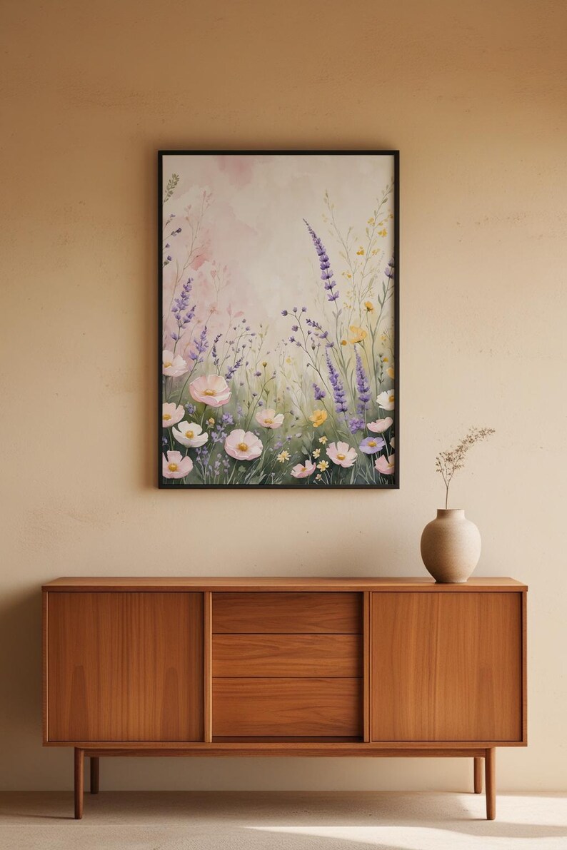 Prado de flores silvestres en tonos pastel / Póster botánico romántico / Arte de acuarela suave imagen 10