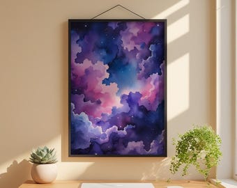 Póster de nubes cósmicas / Arte mural de galaxia azul púrpura / Impresión de cielo estrellado